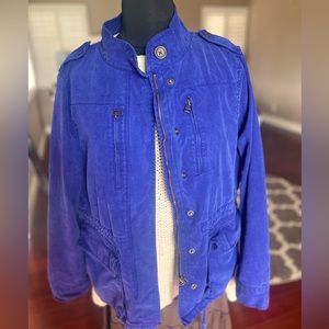 Women’s Cargo blue jacket very bright blue color nice for hiking, biking, school